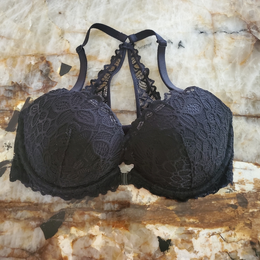 Victorias Secret Pink Push Up Bra 34DD Black Lace Front clasp